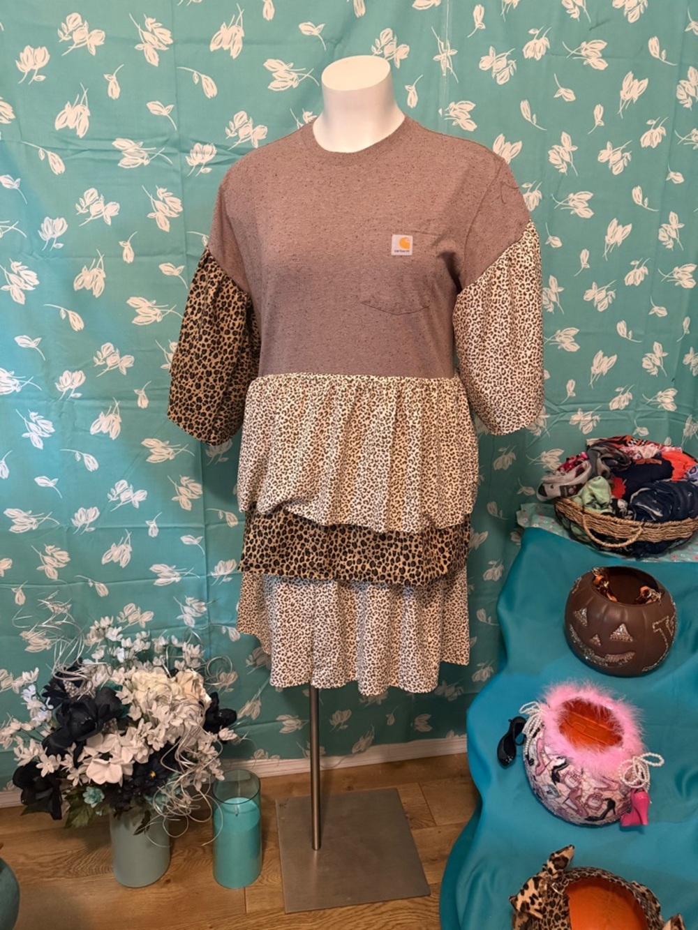 Carhartt Taupe & Leopard Tiered Short Sleeve Tee Dress
